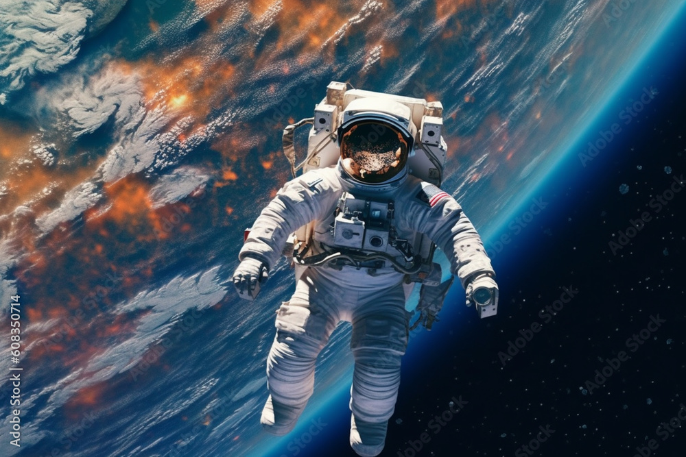 Poster A delicate paper-cut representation of a spacewalk, with an astronaut floating outside the space station against a backdrop of stars and Earth. Generative AI technology.