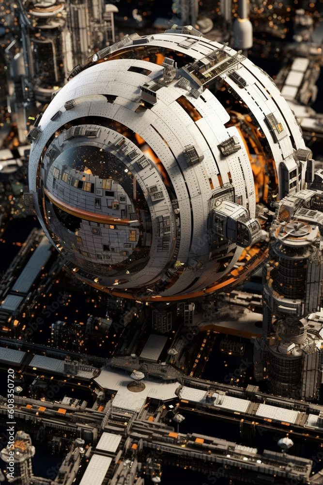 Aufkleber An intricate paper-cut design of a space station orbiting Earth, with intricate details in the cutouts showcasing different modules and structures of the station.  Generative AI technology.