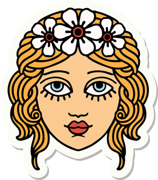 sticker of tattoo in traditional style of female face with crown of flowers
