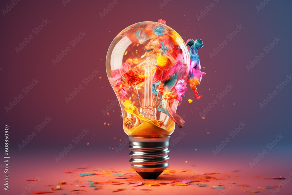 Aufkleber a delicate paper-cut artwork of a lightbulb surrounded by colorful paint splatters and brush strokes