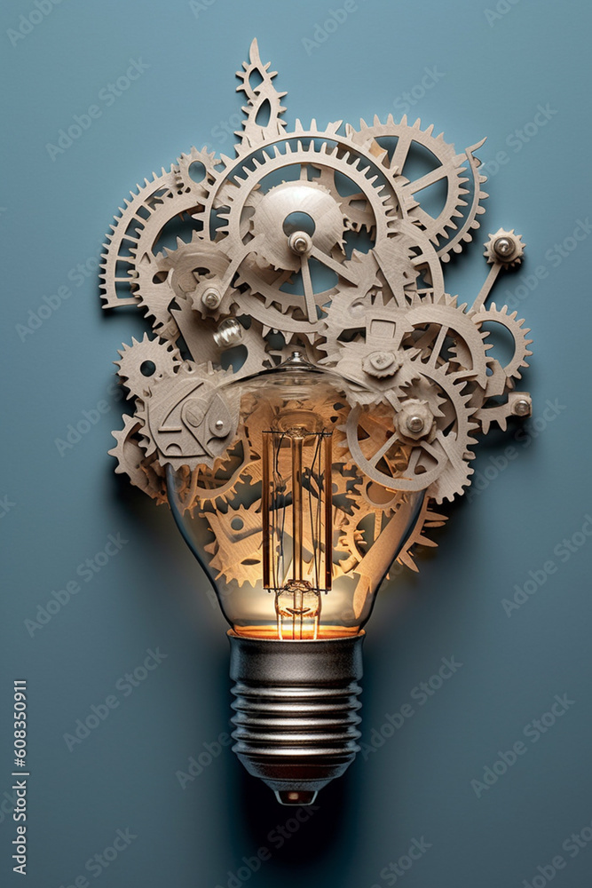 Fototapete A delicate paper-cut artwork of a lightbulb surrounded by swirling gears and clockwork, illustrating the concept of time and how creativity can drive progress and change.  Generative AI technology.