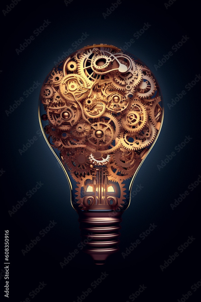 Poster a delicate paper-cut artwork of a lightbulb surrounded by swirling gears and clockwork, illustrating