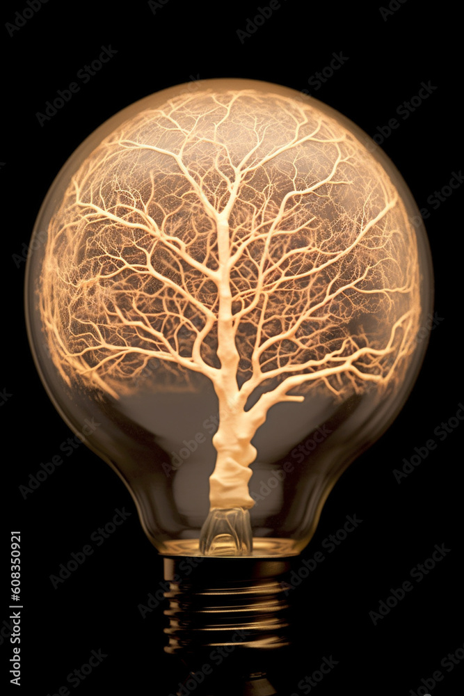 Poster a mesmerizing paper-cut representation of a lightbulb with tree branches growing out of it, embodyin