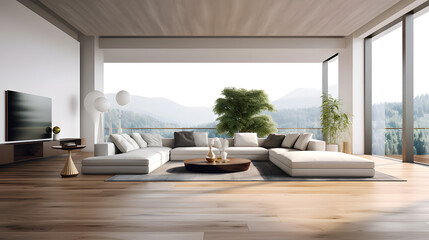 Modern elegance of a minimalist living room, clean lines, a sleek color palette, and minimalist furniture, with large windows providing abundant natural light and a sense of spaciousness, Generated AI