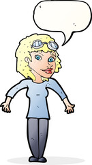 cartoon woman wearing goggles with speech bubble