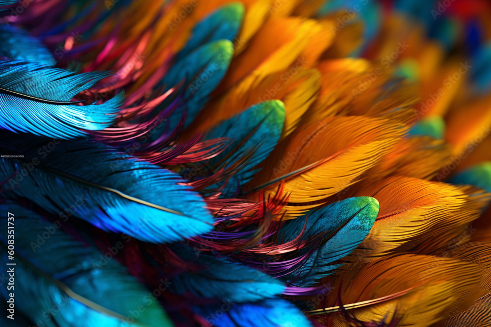 Poster  trending image featuring a close-up shot of a single feather with intricate details and vibrant colors, Generative AI technology.