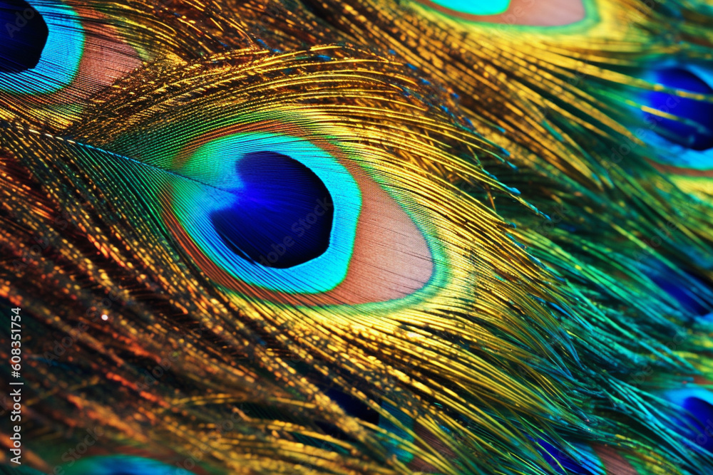 Poster a close-up photograph of a peacock feather, with its iridescent colors and intricate patterns, gener