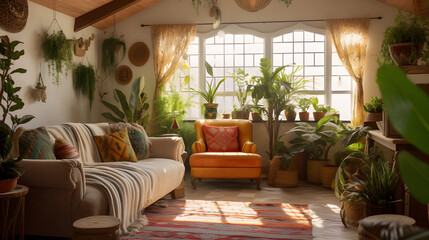Fototapeta na wymiar Bohemian-inspired living space, eclectic furniture, vibrant patterns, and an abundance of plants, using natural sunlight and a relaxed composition, Generated AI