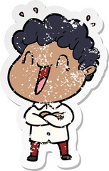 distressed sticker of a cartoon happy man