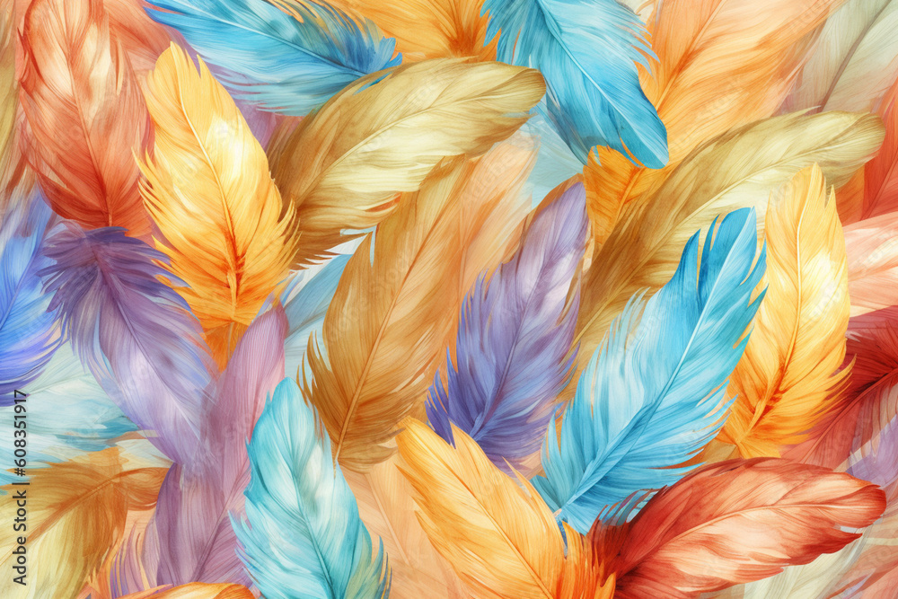 Poster a watercolor-style feather background pattern texture, with soft and blended hues, resembling a deli