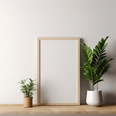 mock up white photo frame and green plants on table, copy space, minimalistic interior, ai generated