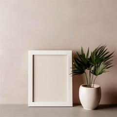 mock up white photo frame and green plant on table, copy space, minimalistic interior, ai generated