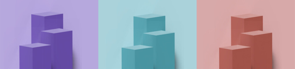 Realistic Set of purple blue orange square pedestal podium 3d rendering for product presentation