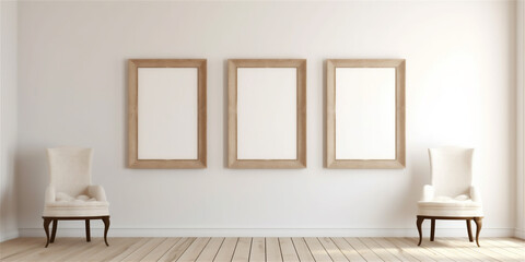 Naklejka na ściany i meble mock up photo frames on a wall in a empty room, ai generated