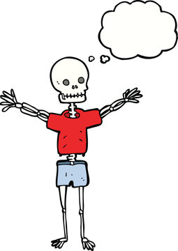 cartoon skeleton in clothes with thought bubble