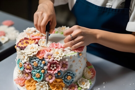 A baker skillfully decorating a cake with intricate piping and delicate sugar flowers, demonstrating the craftsmanship of pastry art. Generative AI