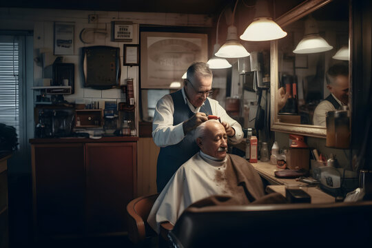 A Barber And His Client In A Local Barbershop. Documentary Style Photography. Generative AI