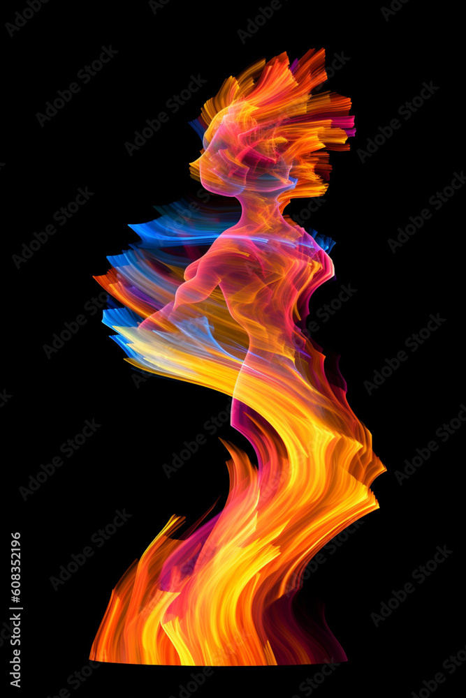 Poster A digital artwork depicting a flame-shaped abstract figure with vibrant colors and dynamic shapes,  Generative AI technology.