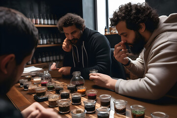 A barista hosting a coffee tasting session, guiding customers through the flavors and aromas of different coffee beans. Generative AI