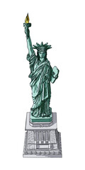 US Statue of Liberty drawing. USA New York city famous tourist landmark. Poster or flyers sculpture illustration element. Hand drawn logo of American symbol for presentations. Vector.