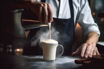 Fototapeta na wymiar A barista skillfully steaming milk to create velvety microfoam, essential for crafting creamy cappuccinos and lattes. Generative AI