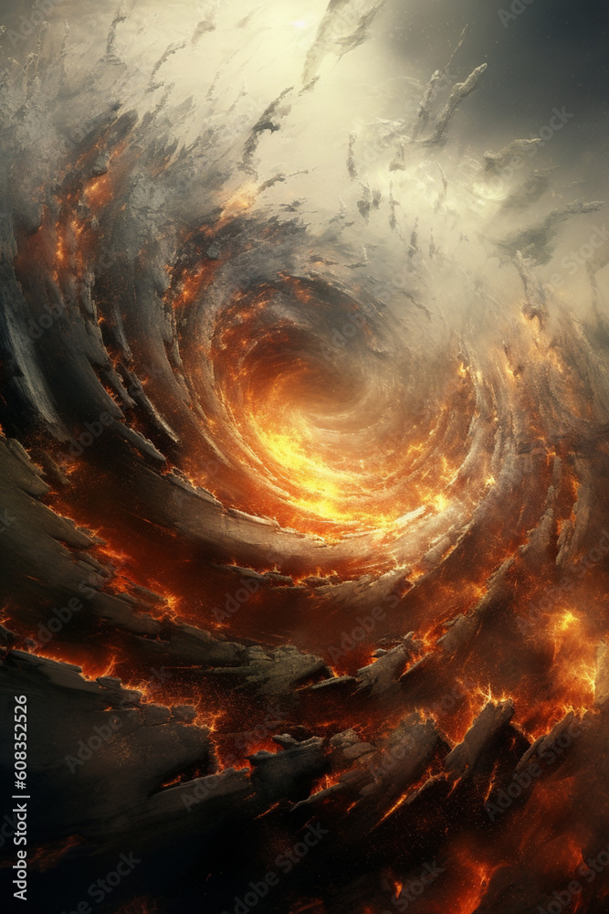 Poster wind as a powerful force of nature, with swirling tornado-like shapes and intense colors, conveying 