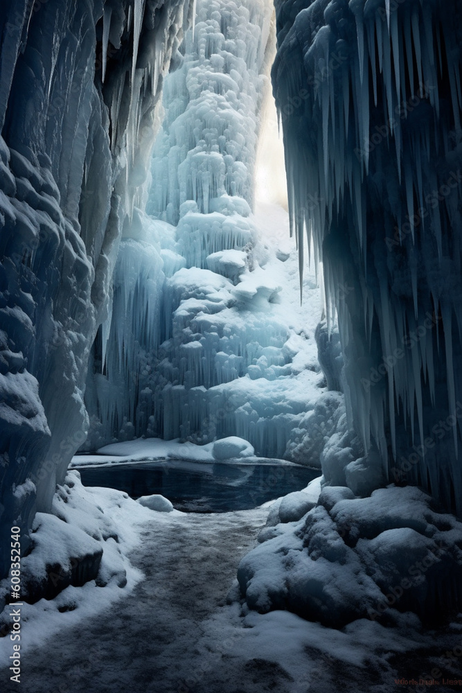 Leinwandbilder a frozen waterfall, with icicles suspended from its edges and the surrounding landscape covered in a