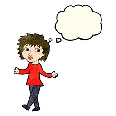 cartoon woman with no worries with thought bubble