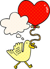 cartoon bird with heart balloon with thought bubble in comic book style