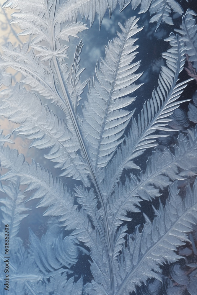 Poster frost-covered windows, with intricate patterns forming on the glass, adding a touch of elegance and mystery to the winter scenery. Generative AI technology.
