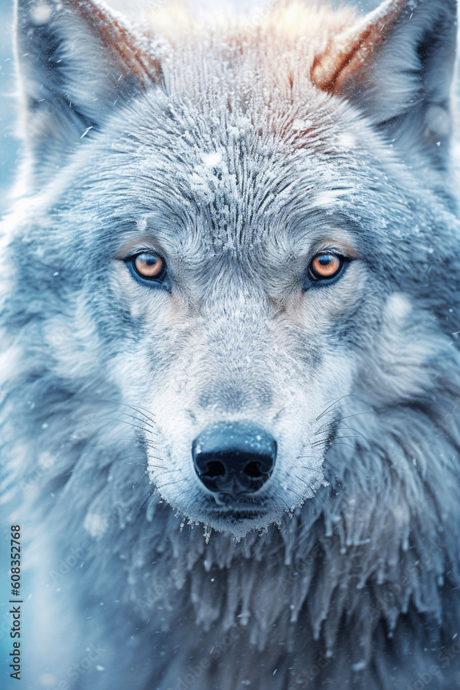 Poster a frozen wolf, with its fur covered in frost, capturing the intense and captivating gaze of this wil