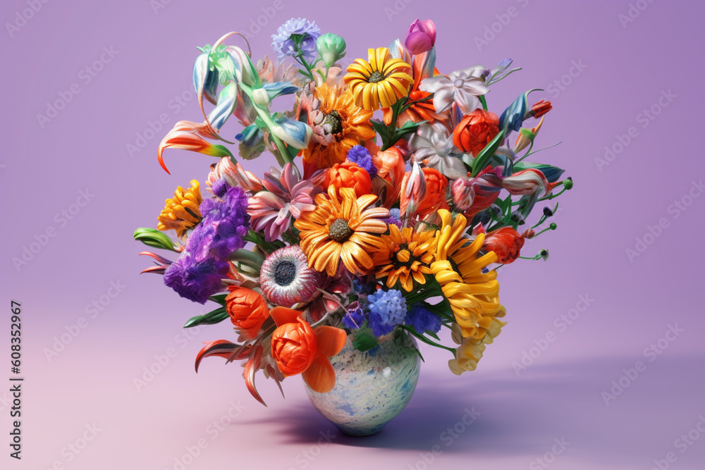 Poster an abstract depiction of a bouquet of colorful wildflowers, arranged in a whimsical and natural comp