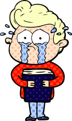 cartoon crying man holding book