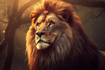 Fototapeta na wymiar An artistic illustration of a wise and regal-looking lion, with a majestic mane and piercing gaze, representing strength and leadership. Generative AI technology.