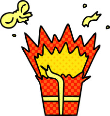 comic book style quirky cartoon of an explosive present