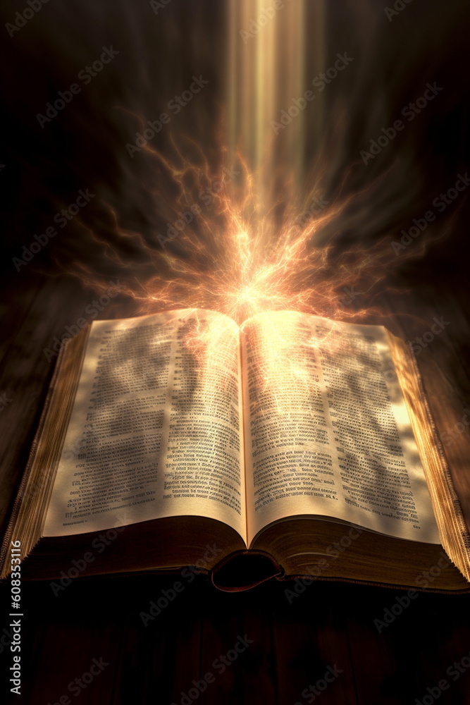 Aufkleber a Bible opened to a specific verse, with rays of light emanating from the page, symbolizing divine guidance and enlightenment.  Generative AI technology.