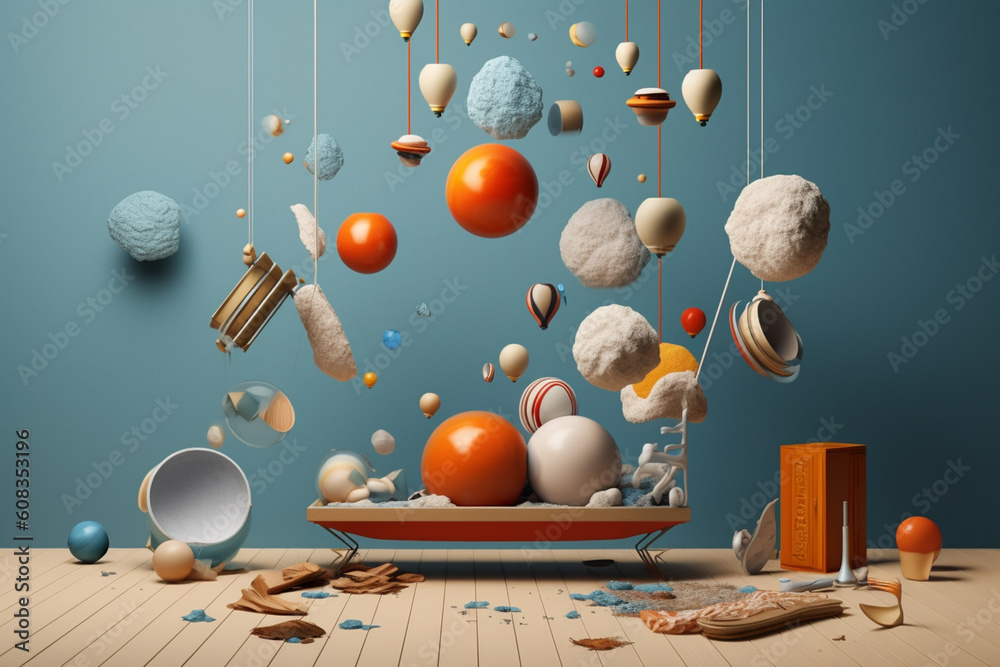 Fototapete A surreal still life composition featuring everyday objects floating in mid-air, challenging the viewer's perception of gravity and the ordinary.  Generative AI technology.