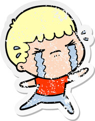 distressed sticker of a cartoon man crying