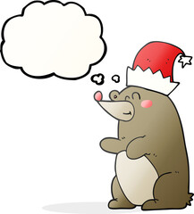 freehand drawn thought bubble cartoon bear wearing christmas hat