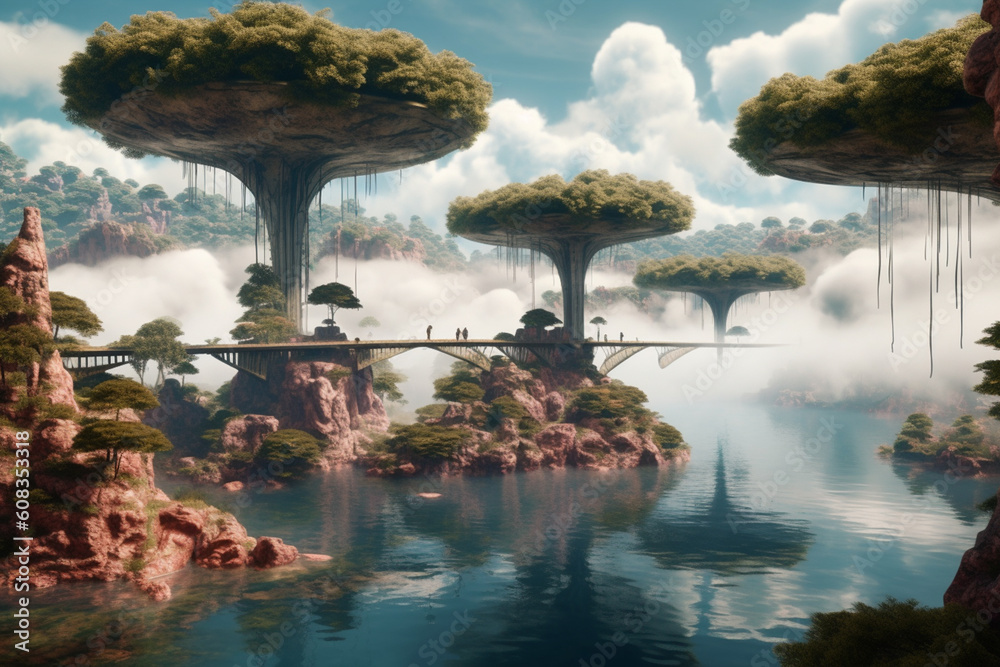 Poster A surreal landscape with floating islands and transparent clouds, creating a sense of weightlessness and wonder.  Generative AI technology.