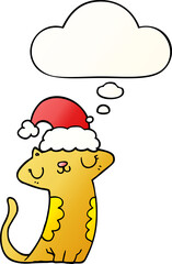 cute cartoon cat wearing christmas hat with thought bubble in smooth gradient style