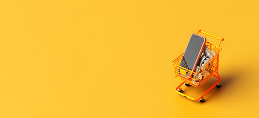 Mobile phone in shopping cart banner. isolated yellow background. Concept of buying a new phone. Created with generative AI technology.