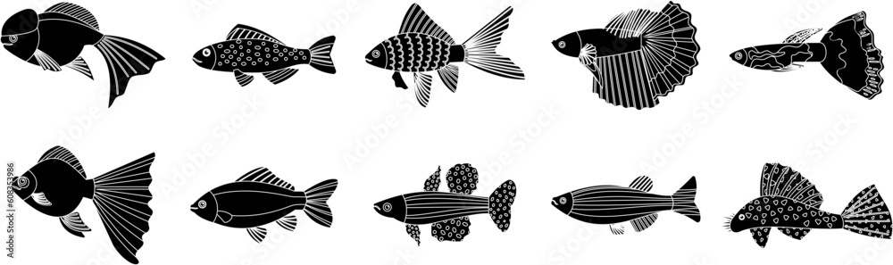 Wall mural set of silhouettes of fish 