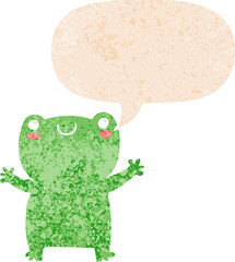 cute cartoon frog with speech bubble in grunge distressed retro textured style