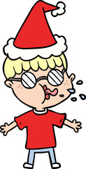 hand drawn line drawing of a boy wearing spectacles wearing santa hat