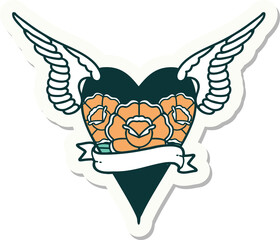 sticker of tattoo in traditional style of a flying heart with flowers and banner