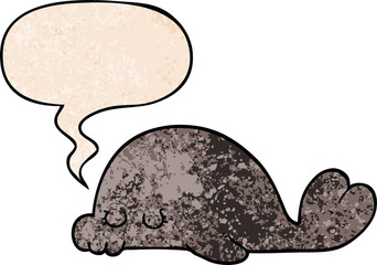cartoon seal with speech bubble in retro texture style