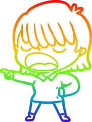 rainbow gradient line drawing of a cartoon woman talking loudly