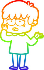 rainbow gradient line drawing of a cartoon exhausted boy