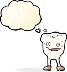 cartoon happy tooth character with thought bubble